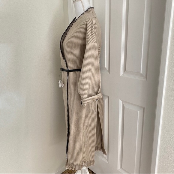 Zara Woman Stripe Wrap Dress Coat Sz Med Belted Linen Fringe Hem Roll Up Sleeves - Picture 5 of 14